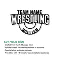 Wrestling team cut metal sign shown with bold athletic lettering and a curved emblem design