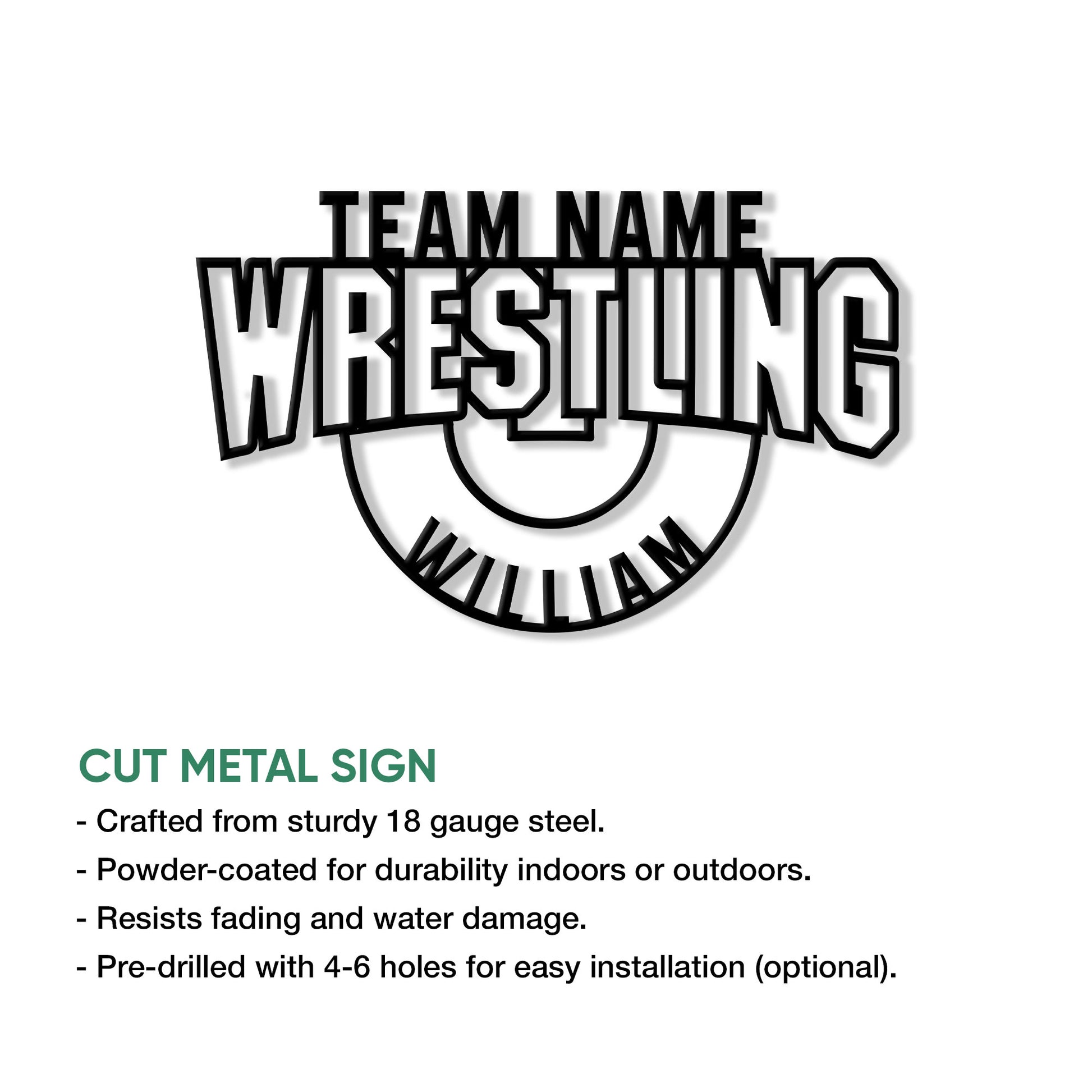 Wrestling team cut metal sign shown with bold athletic lettering and a curved emblem design