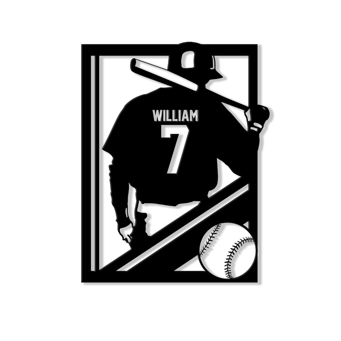 Custom baseball metal sign featuring a batter silhouette, crossed bat, baseball, and bold jersey-style design