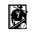 Custom baseball metal sign featuring a batter silhouette, crossed bat, baseball, and bold jersey-style design