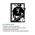 Baseball batter silhouette metal sign shown with a cut-metal product feature guide