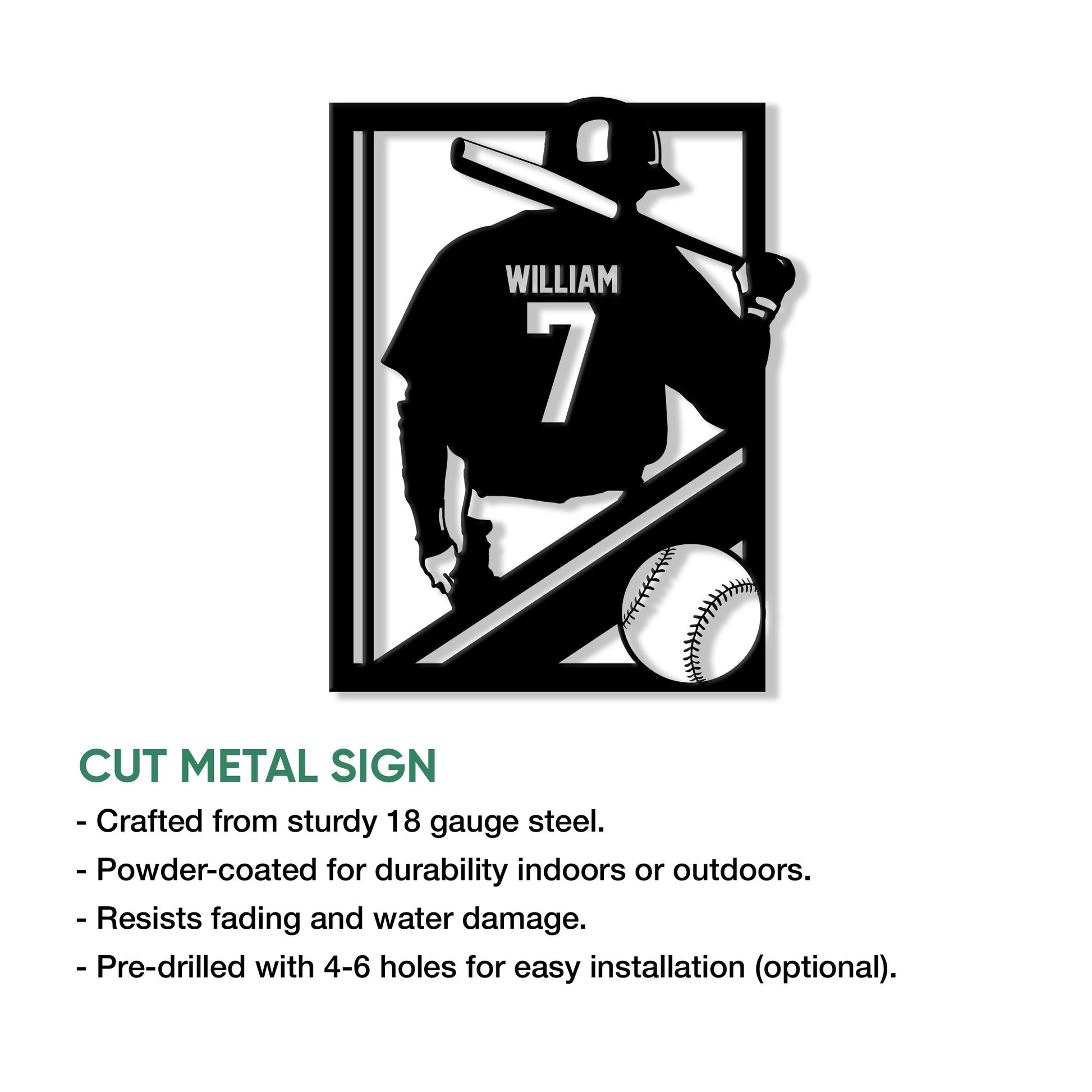 Baseball batter silhouette metal sign shown with a cut-metal product feature guide