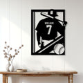 Baseball metal wall sign displayed on a bright paneled wall above a console table