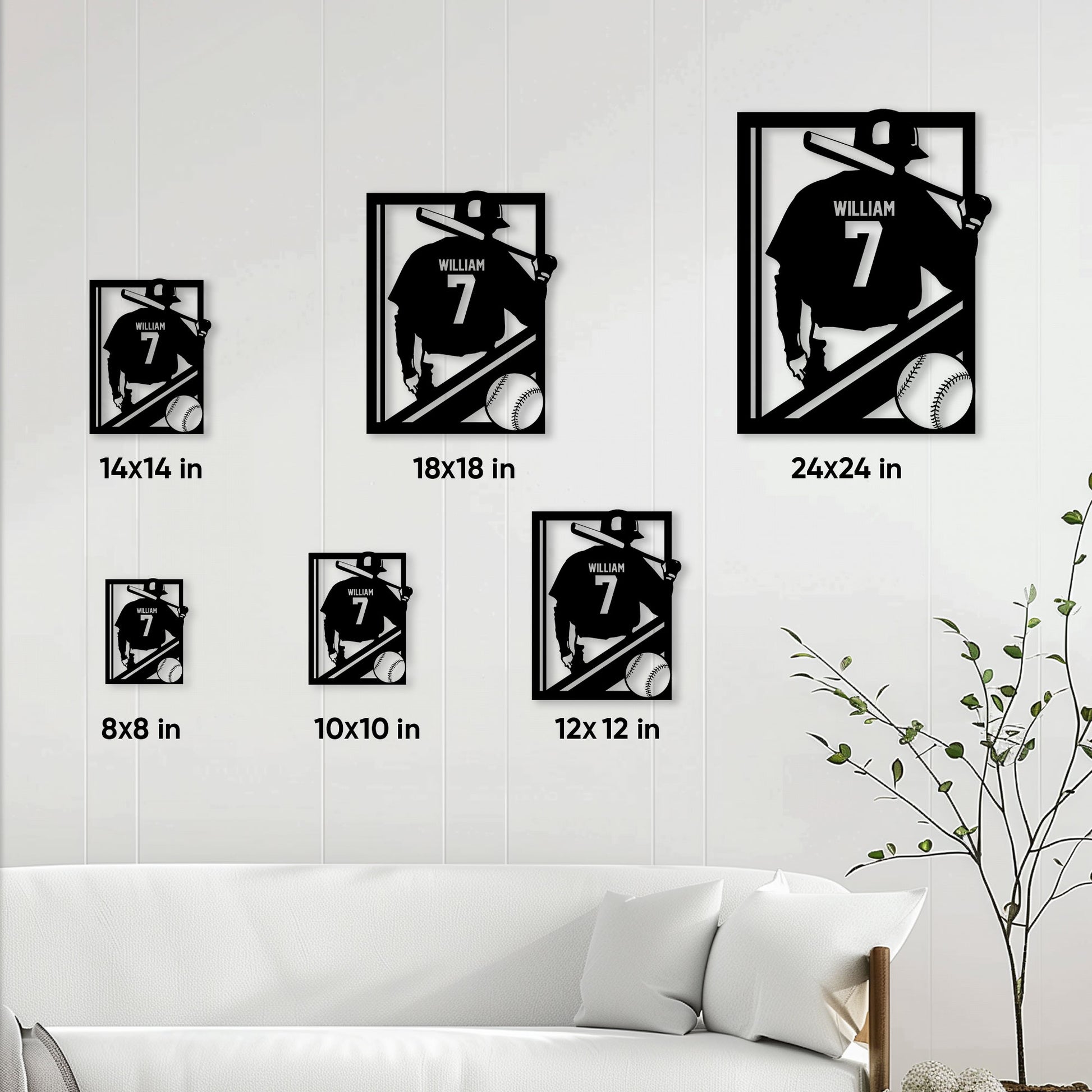 Baseball batter metal sign size guide showing available square dimensions from 8 by 8 to 24 by 24 inches