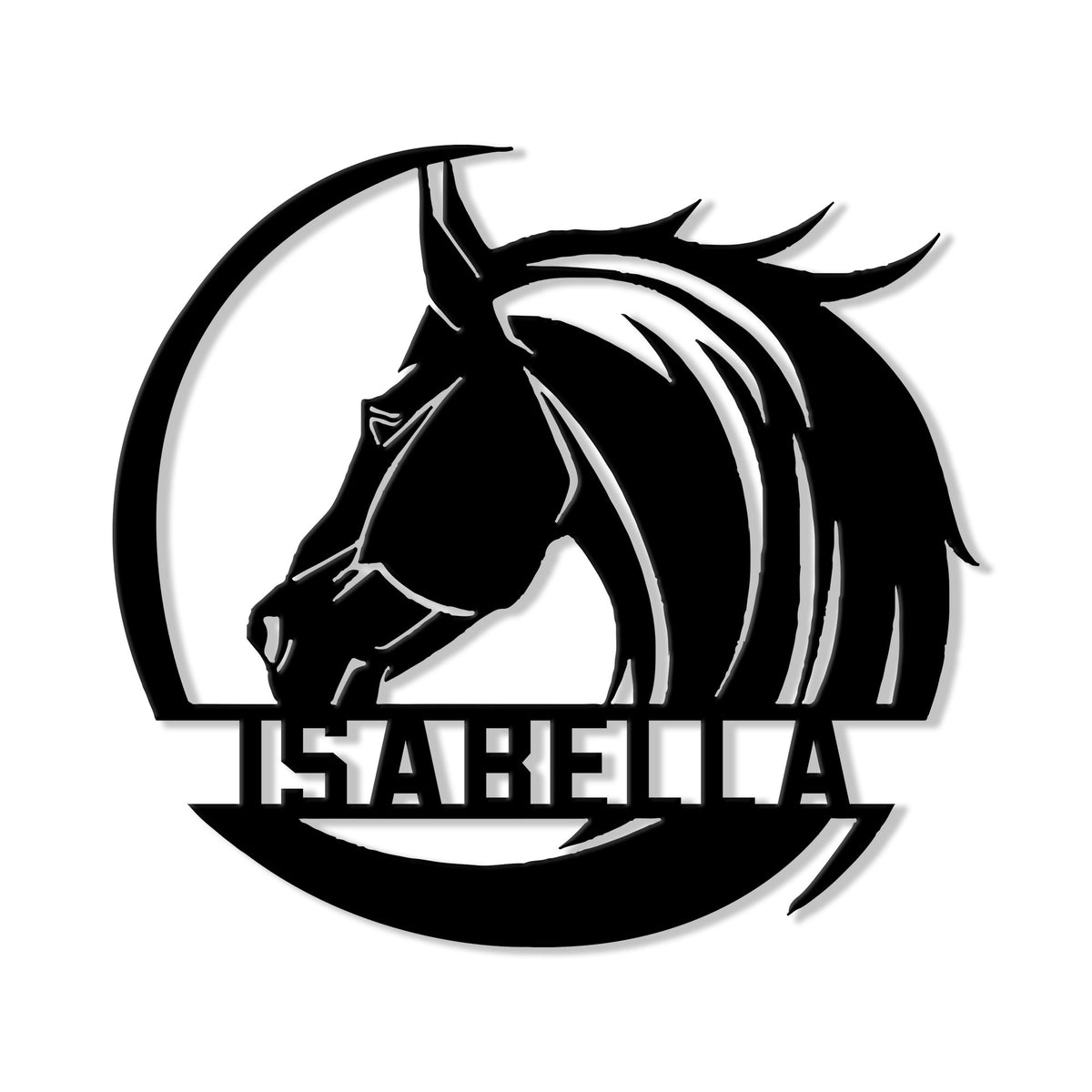 Black horse head silhouette metal sign with flowing mane and circular frame