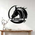 Custom horse metal wall sign displayed on a light wood-paneled wall above a console table