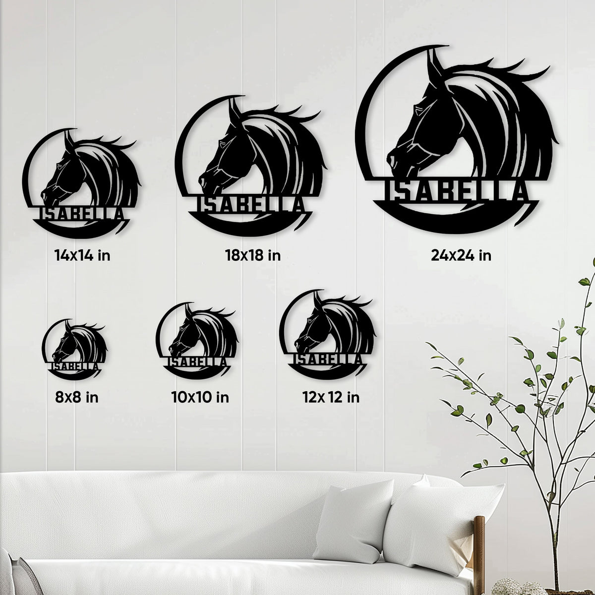 Horse metal sign size guide showing multiple available sizes in a home interior