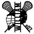 Lacrosse metal sign featuring a helmet, crossed sticks, and bold cutout sports artwork