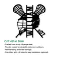 Lacrosse helmet and crossed sticks metal sign shown with a cut-metal sign feature infographic