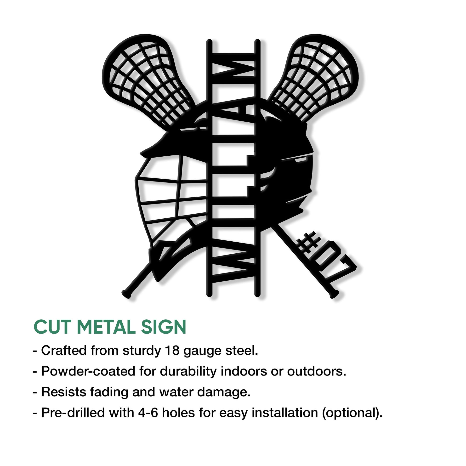 Lacrosse helmet and crossed sticks metal sign shown with a cut-metal sign feature infographic