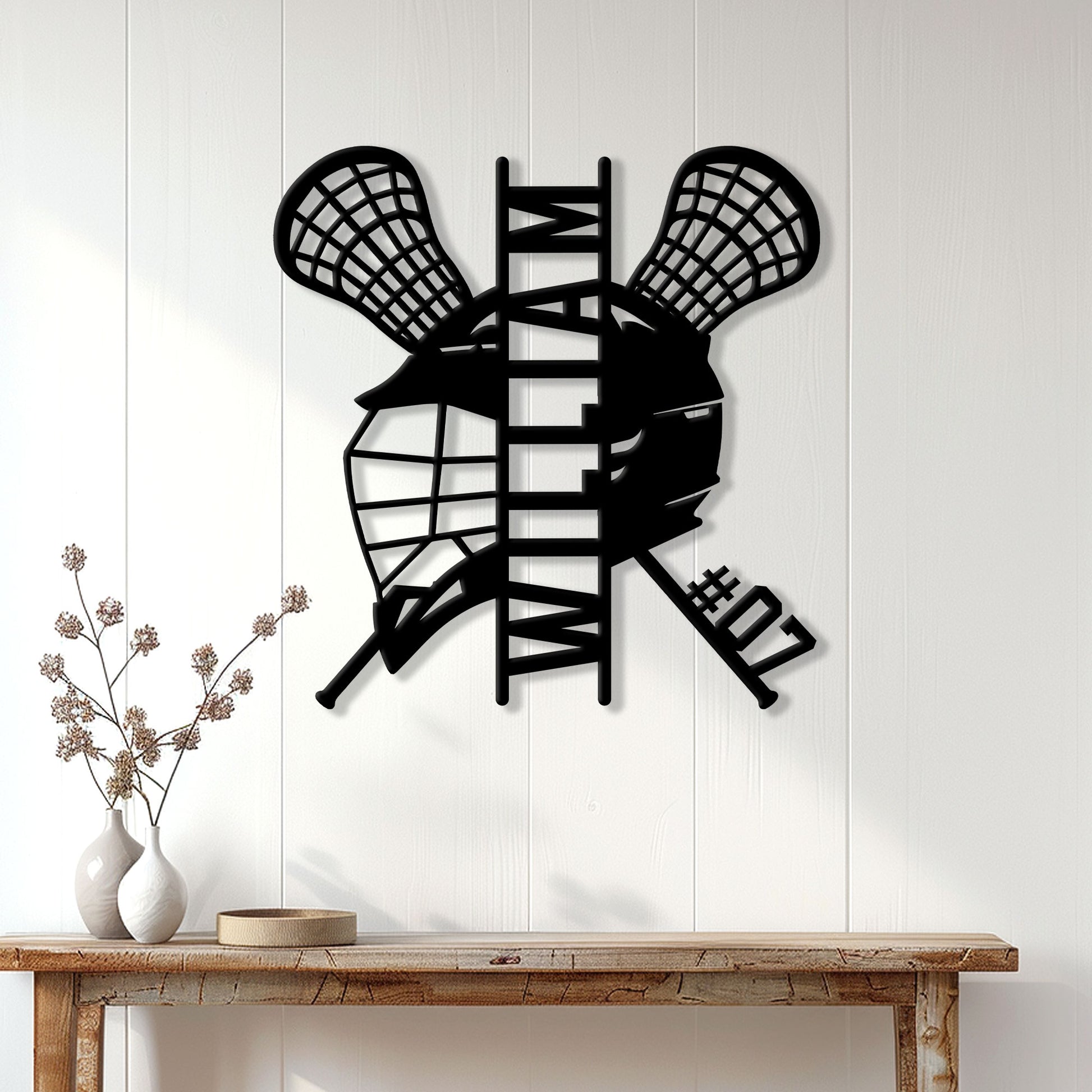 Lacrosse wall decor displayed above a console table in a bright home interior