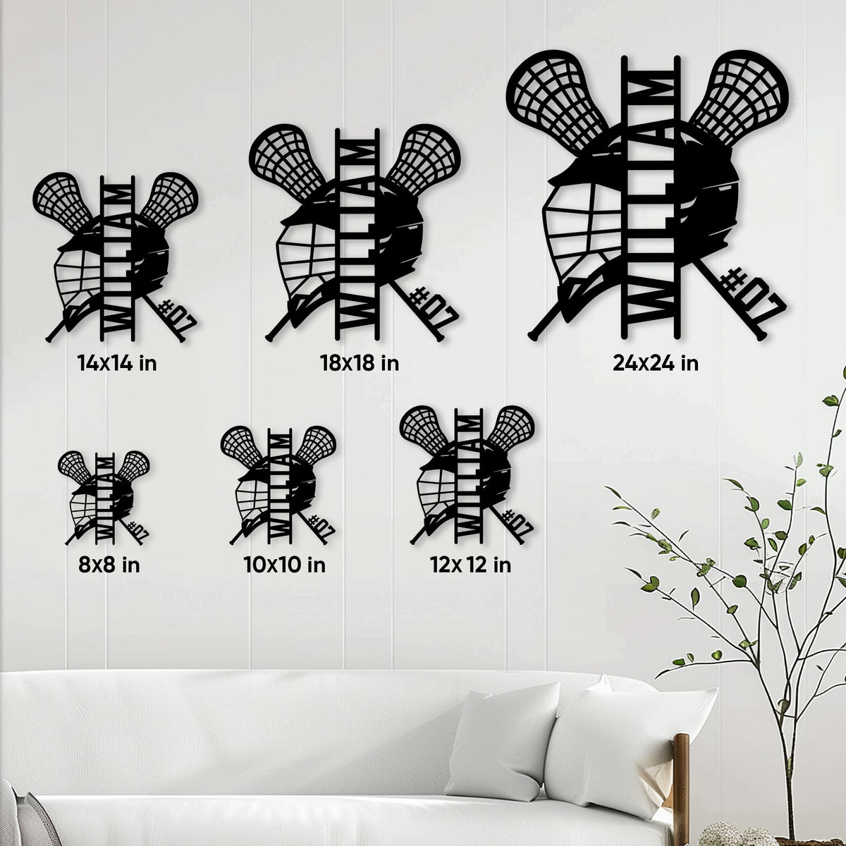 Lacrosse metal sign size guide showing available square sizes from 8 by 8 to 24 by 24 inches