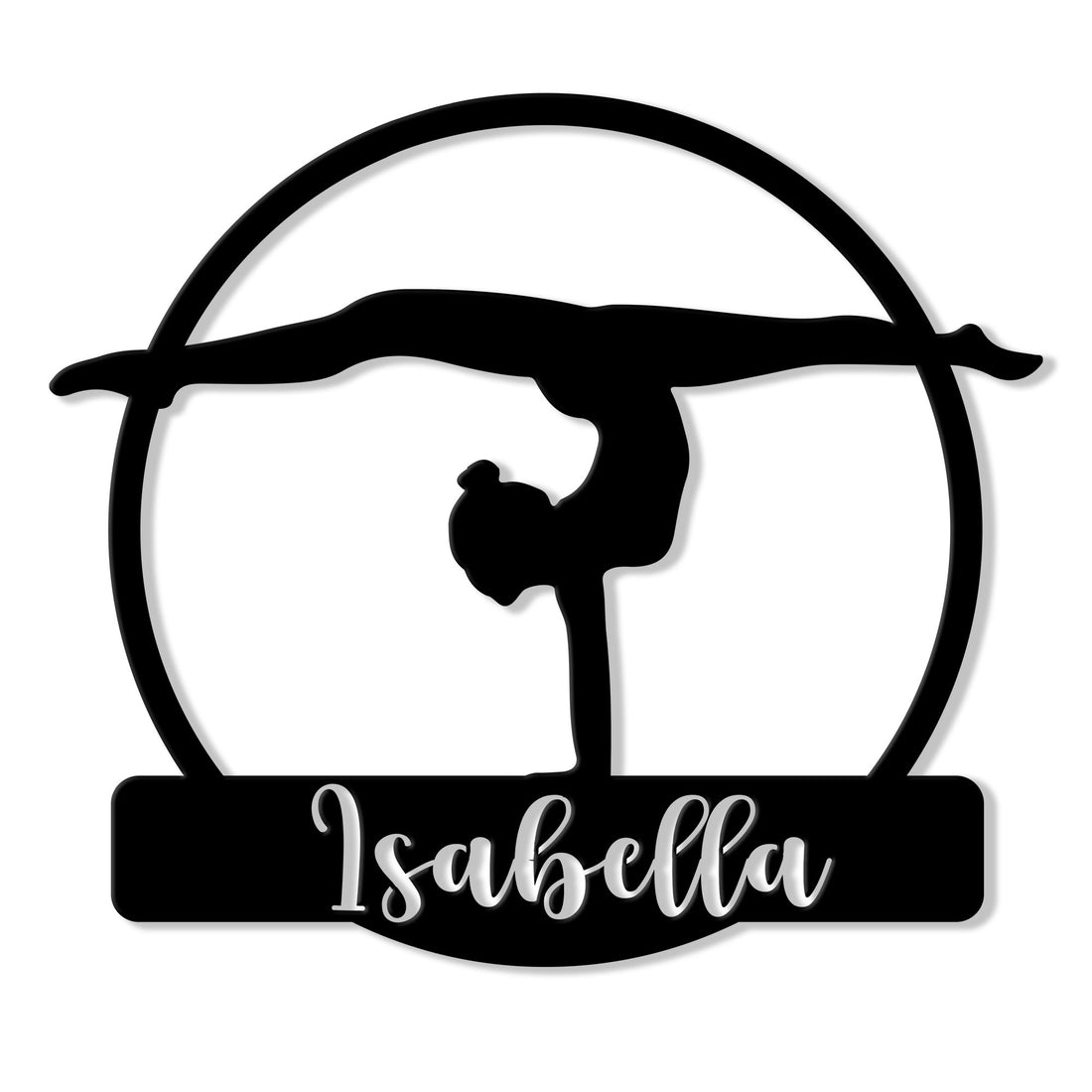 Custom gymnastics metal sign featuring a silhouetted gymnast performing on a horizontal bar inside a circle