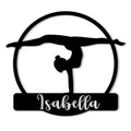 Custom gymnastics metal sign featuring a silhouetted gymnast performing on a horizontal bar inside a circle