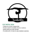 Gymnastics metal wall sign shown with a silhouetted athlete design and cut metal sign feature details