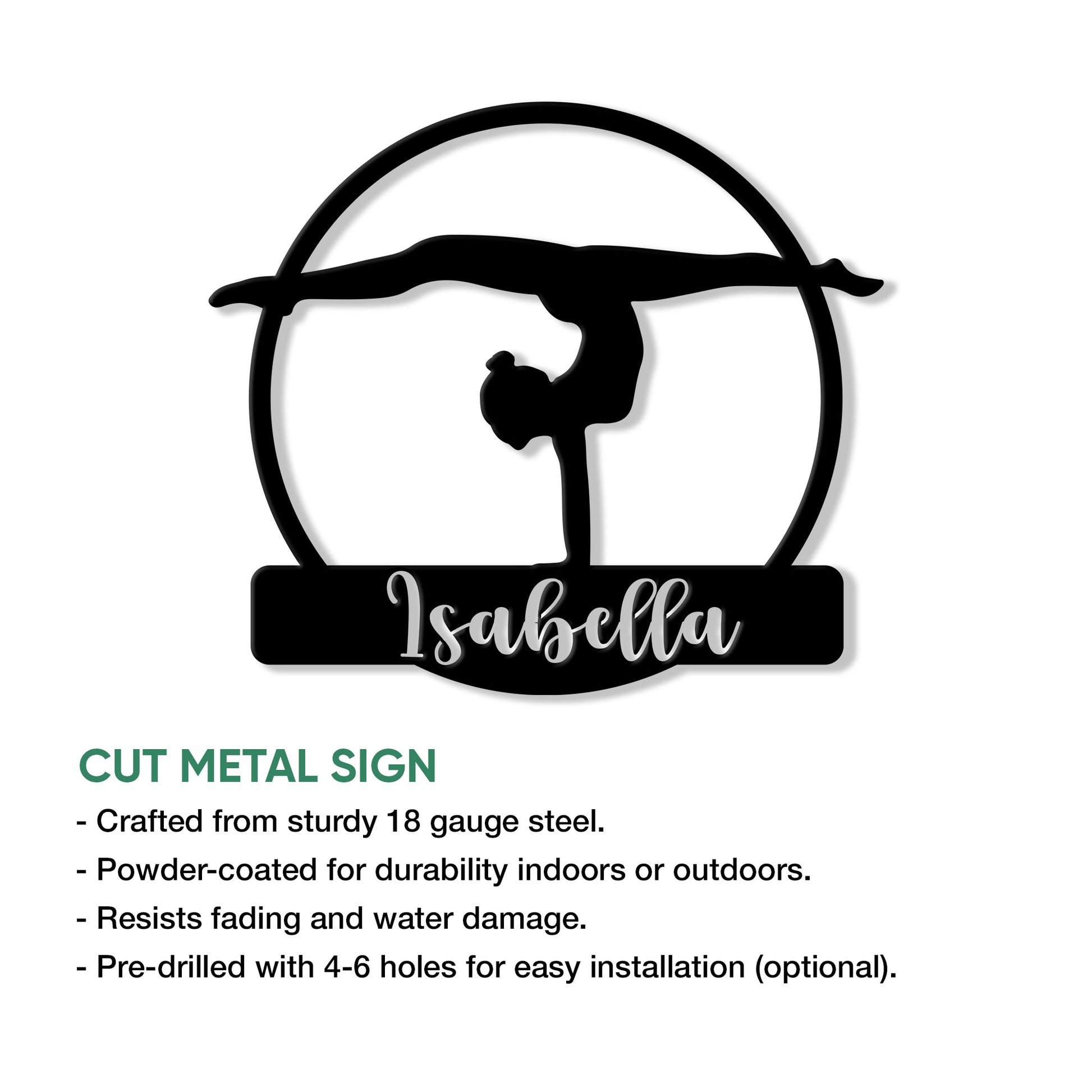 Gymnastics metal wall sign shown with a silhouetted athlete design and cut metal sign feature details