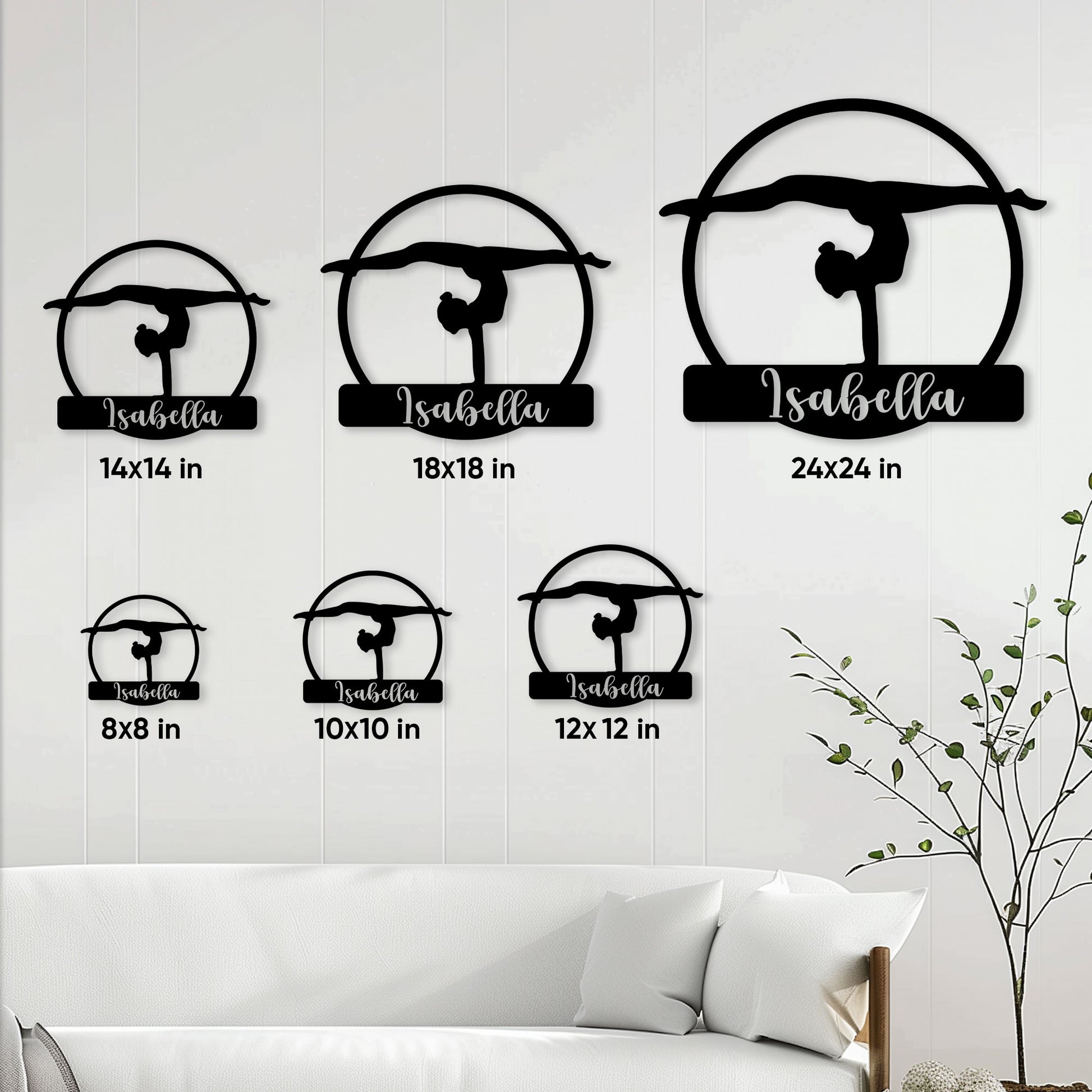 Gymnastics metal sign size guide showing available dimensions from 8 by 8 inches to 24 by 24 inches