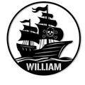 Round pirate metal sign featuring a skull and crossbones on a sailing ship with billowing flags and waves