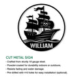 Pirate ship metal sign shown with a bold black silhouette design and cut metal sign details