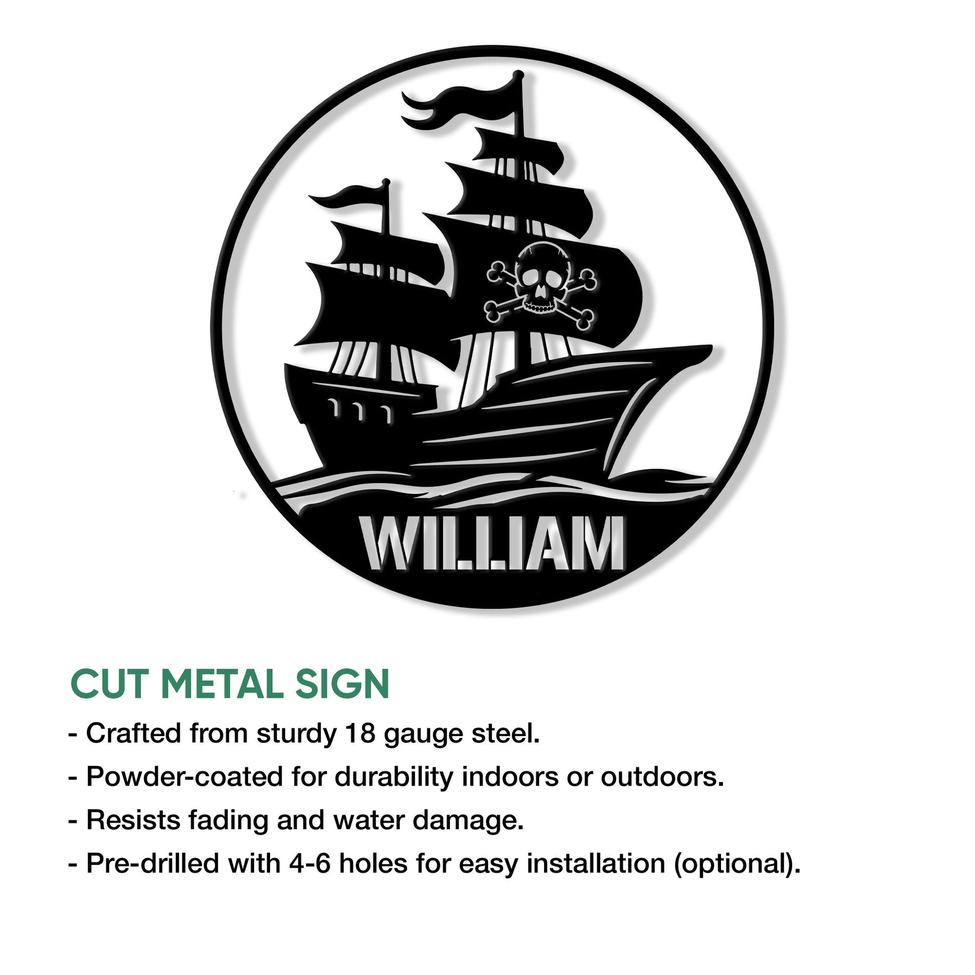 Pirate ship metal sign shown with a bold black silhouette design and cut metal sign details