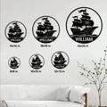 Pirate ship metal sign size guide showing multiple round size options for wall decor