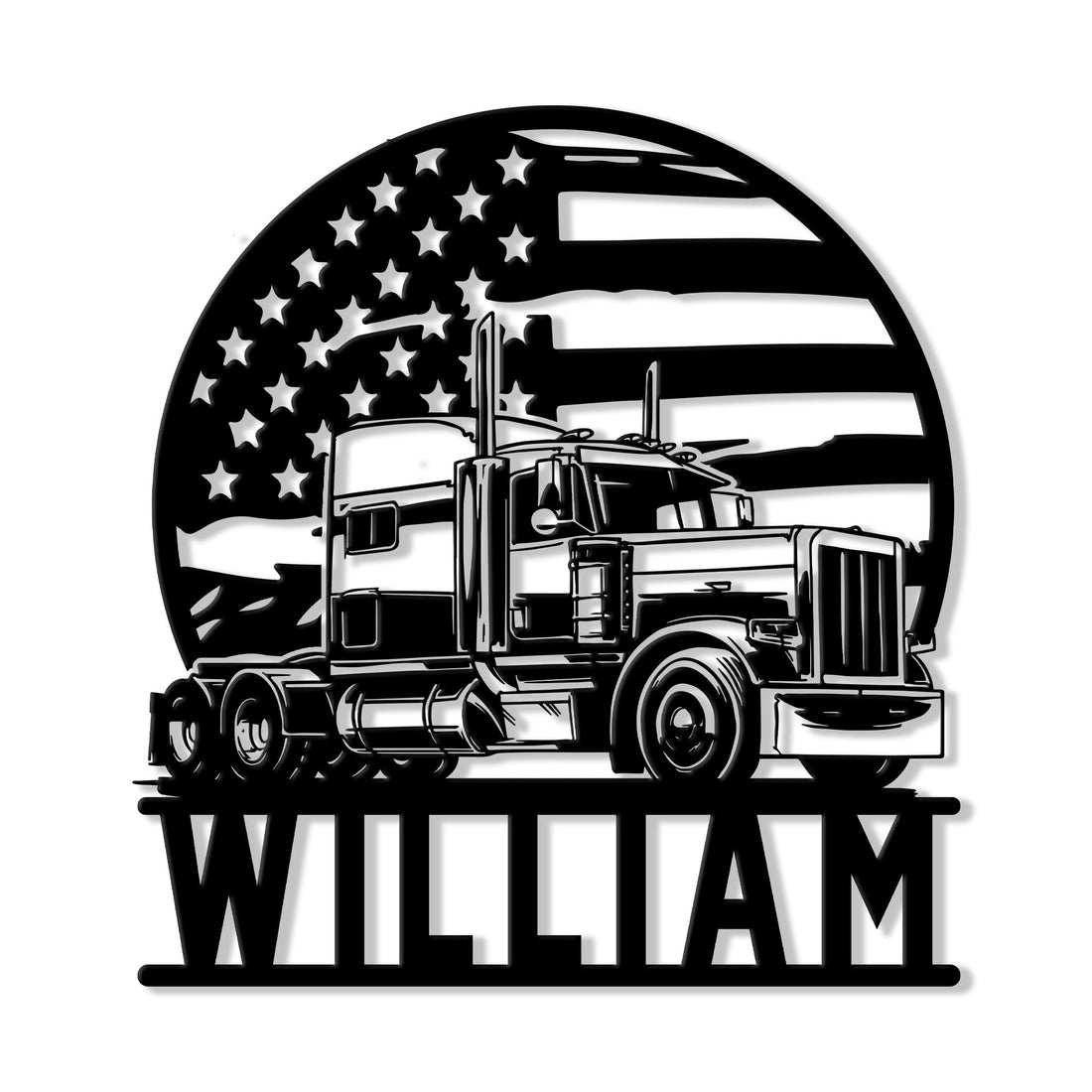 Custom trucker metal sign featuring a detailed semi truck silhouette over a waving American flag