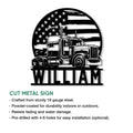 Trucker cut metal sign shown with a semi truck and American flag design alongside product features