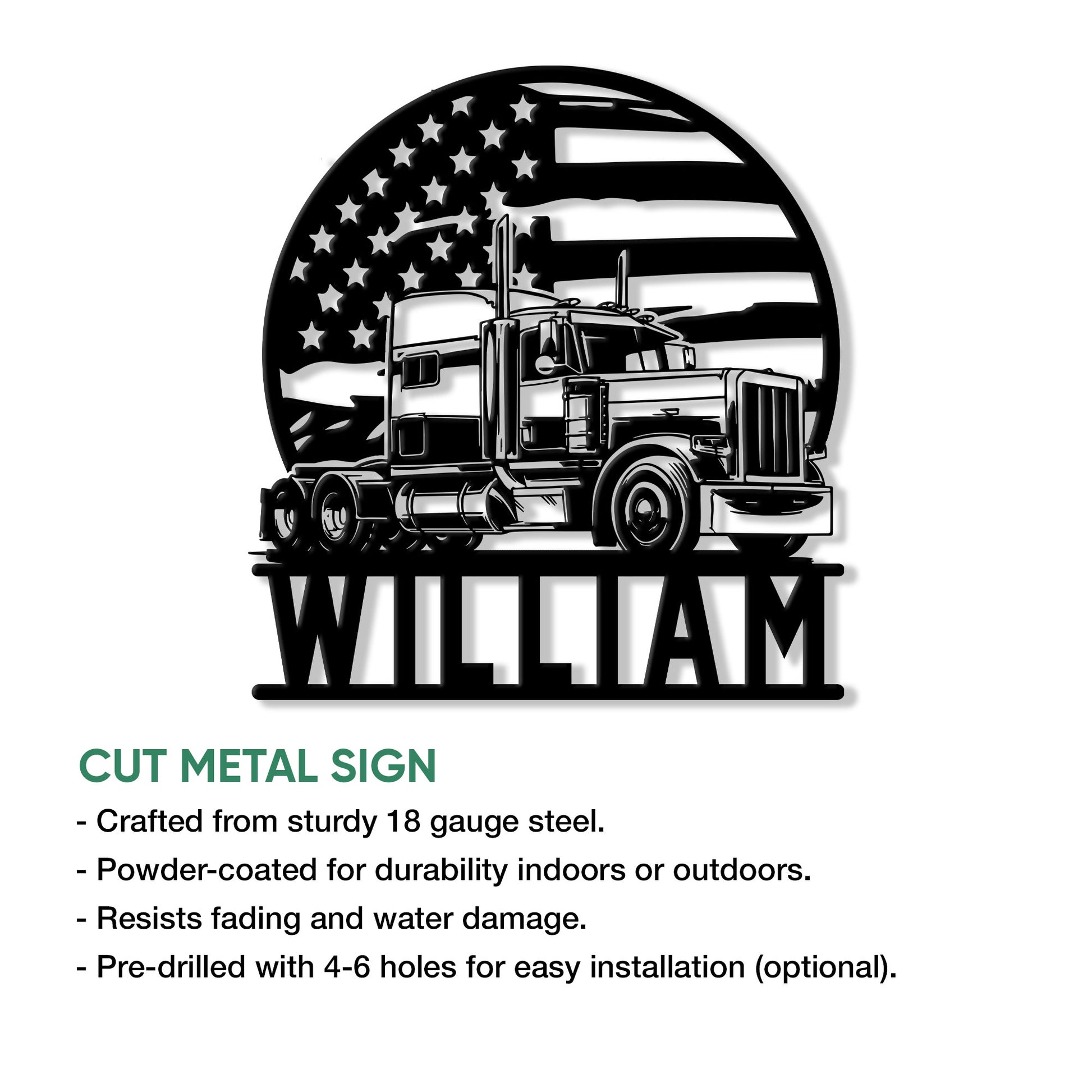 Trucker cut metal sign shown with a semi truck and American flag design alongside product features