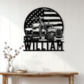 Semi truck metal wall sign displayed as patriotic decor on a light wood-paneled wall