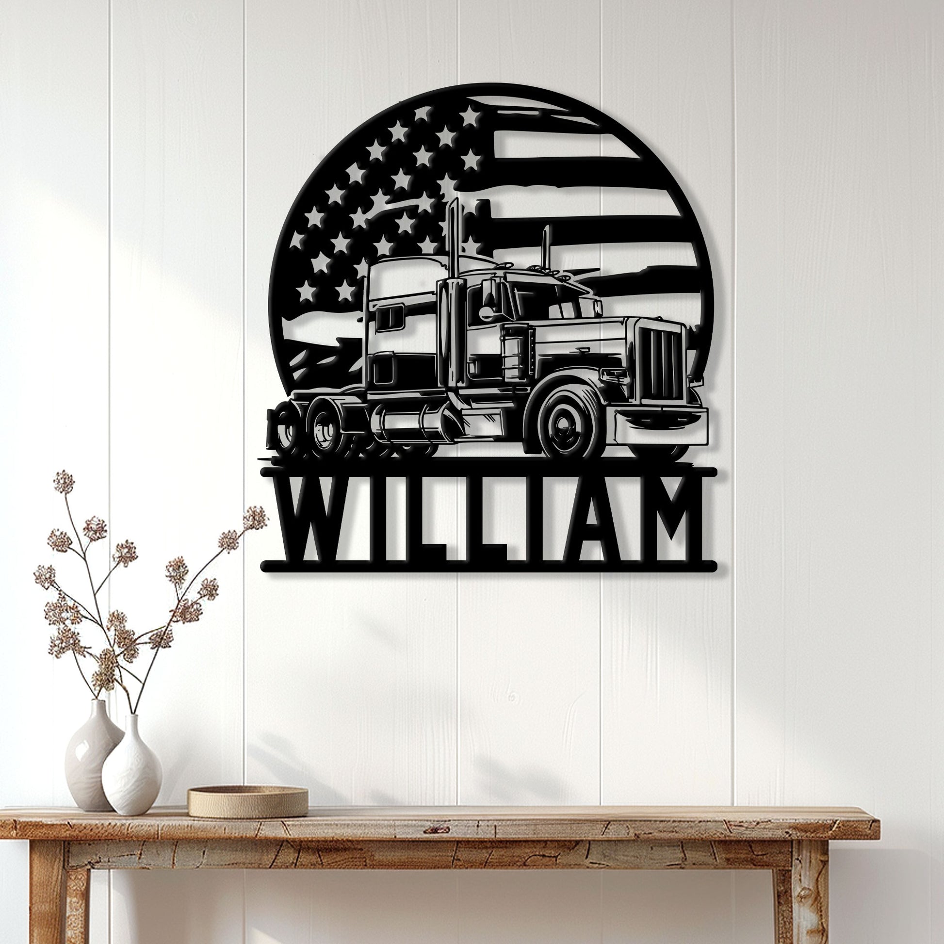 Semi truck metal wall sign displayed as patriotic decor on a light wood-paneled wall