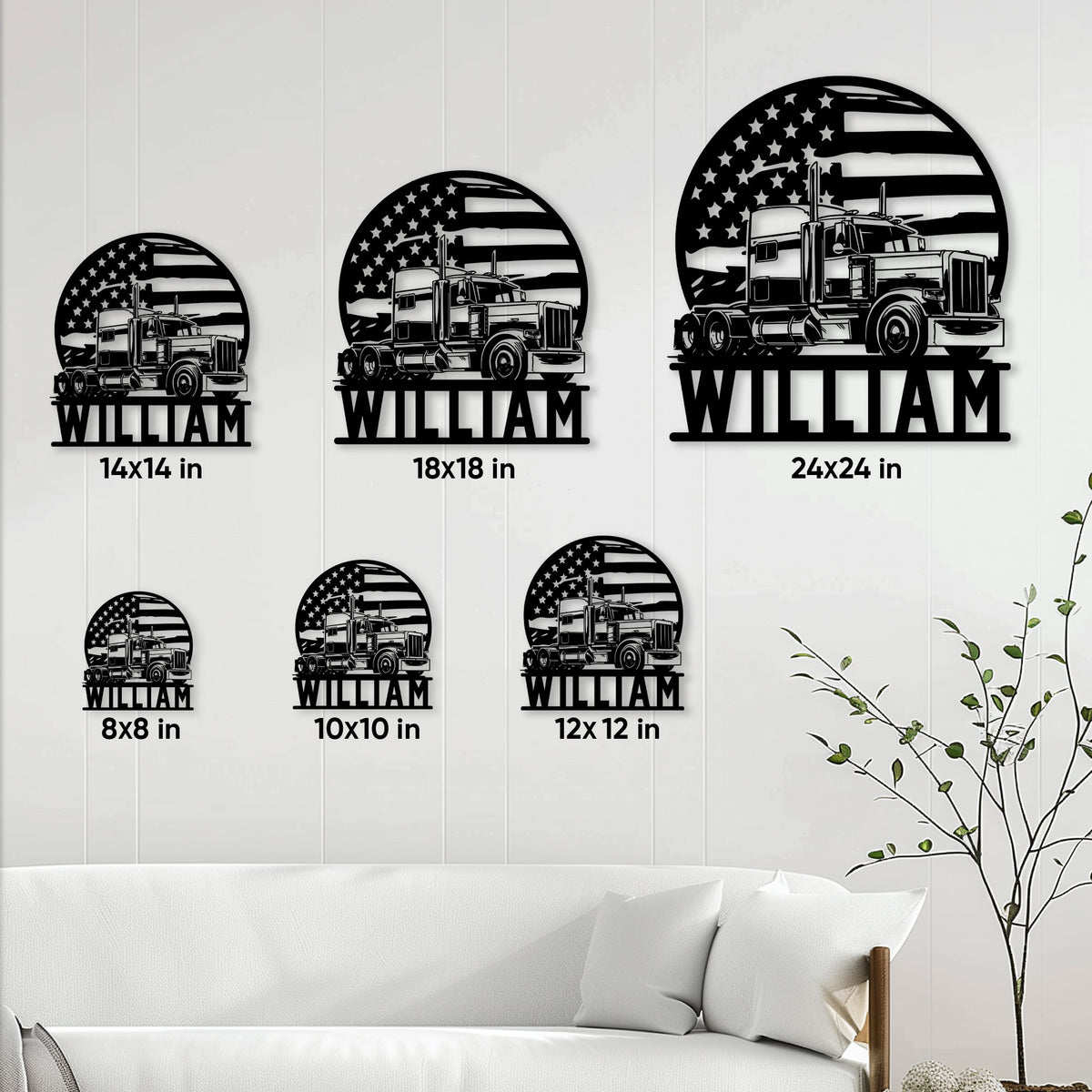 Trucker metal sign size guide showing six available square sizes from 8 by 8 to 24 by 24 inches