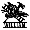 Black firefighter metal sign featuring a helmet, crossed axes, ladder, hose, and bold custom lettering design