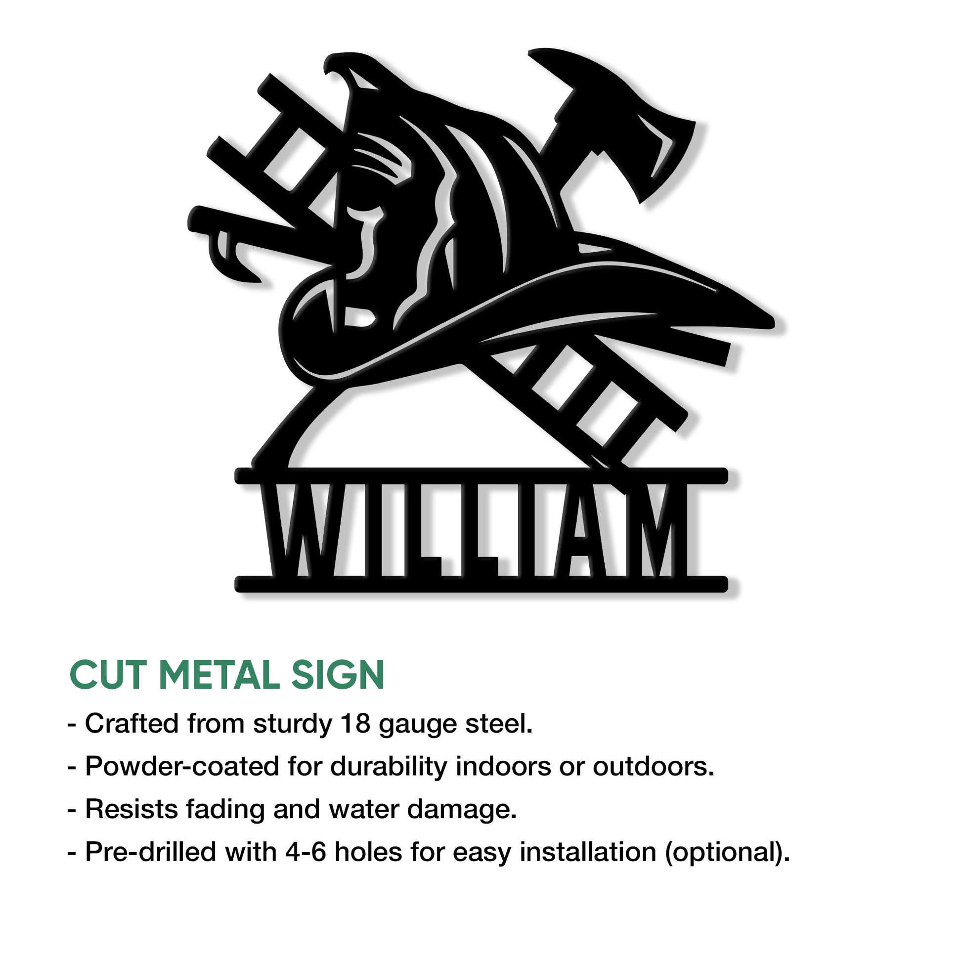 Firefighter cut metal sign shown with a helmet, axes, ladder, hose, and installation feature details