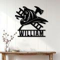 Firefighter metal wall sign displayed on a bright paneled wall above a console table