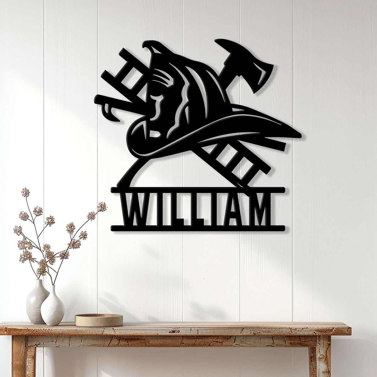Firefighter metal wall sign displayed on a bright paneled wall above a console table