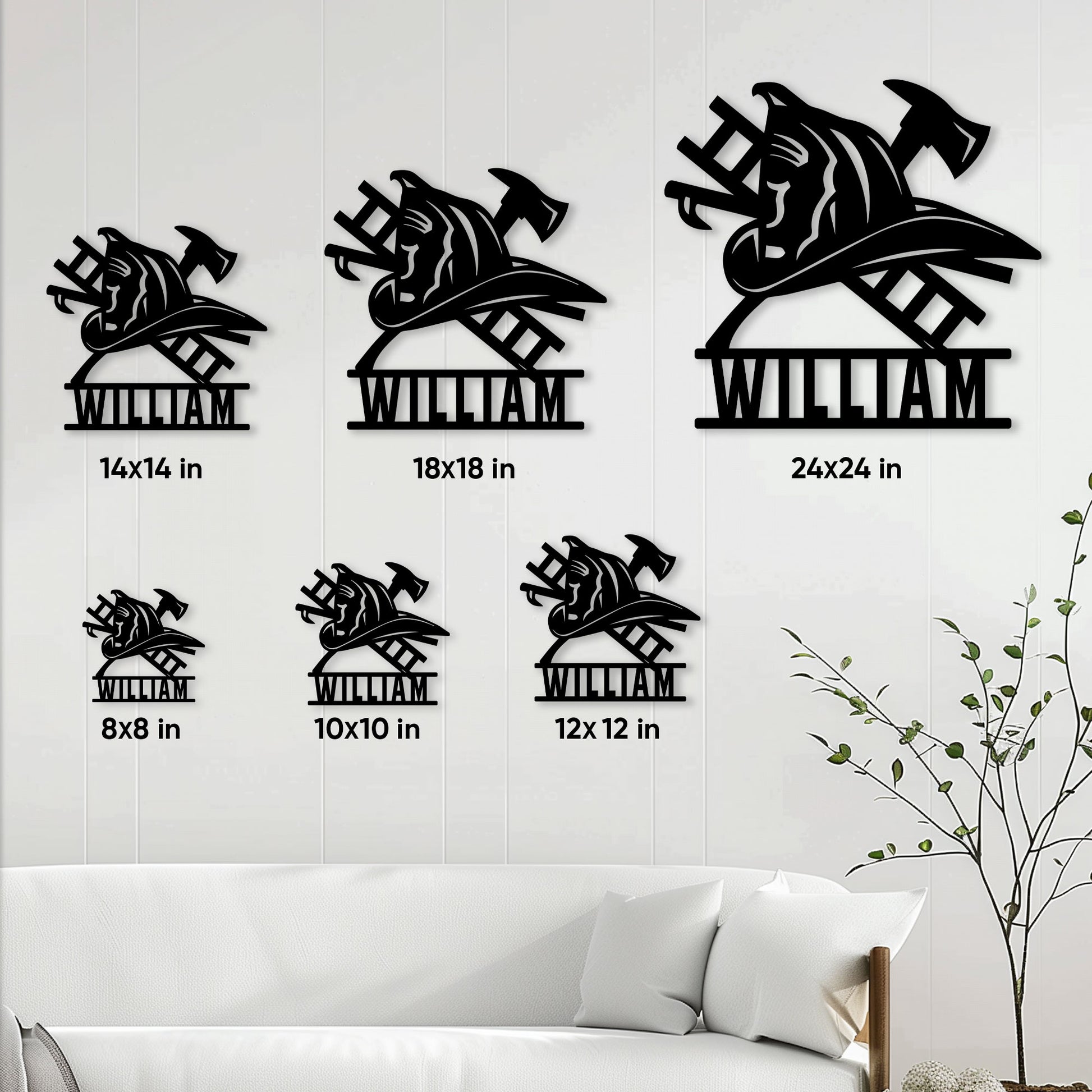 Firefighter metal sign size guide showing options from 8 by 8 inches to 24 by 24 inches