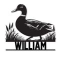 Custom duck hunting metal sign featuring a detailed mallard duck standing among marsh grass