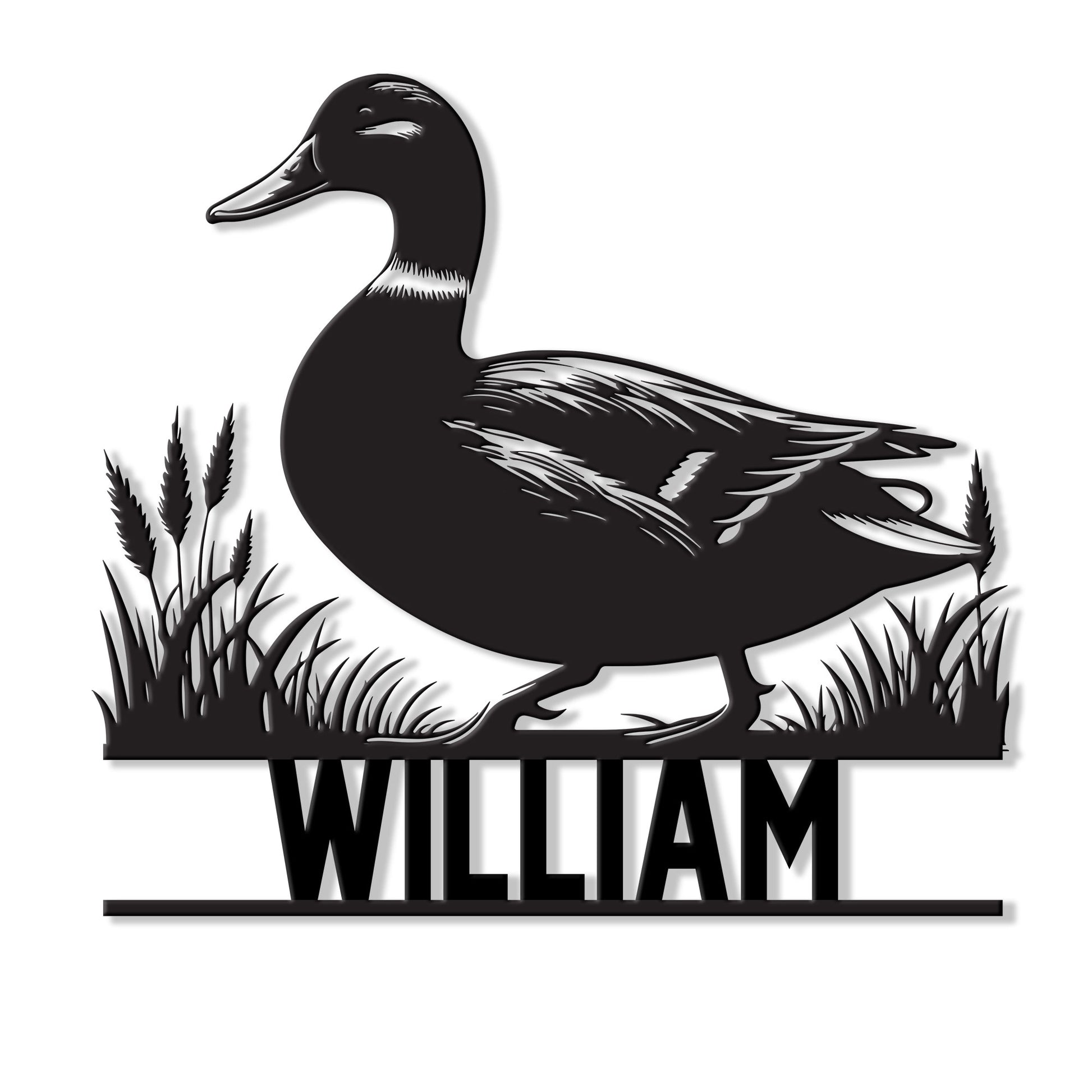 Custom duck hunting metal sign featuring a detailed mallard duck standing among marsh grass
