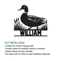 Mallard duck cut metal sign shown with an infographic highlighting the duck hunting design