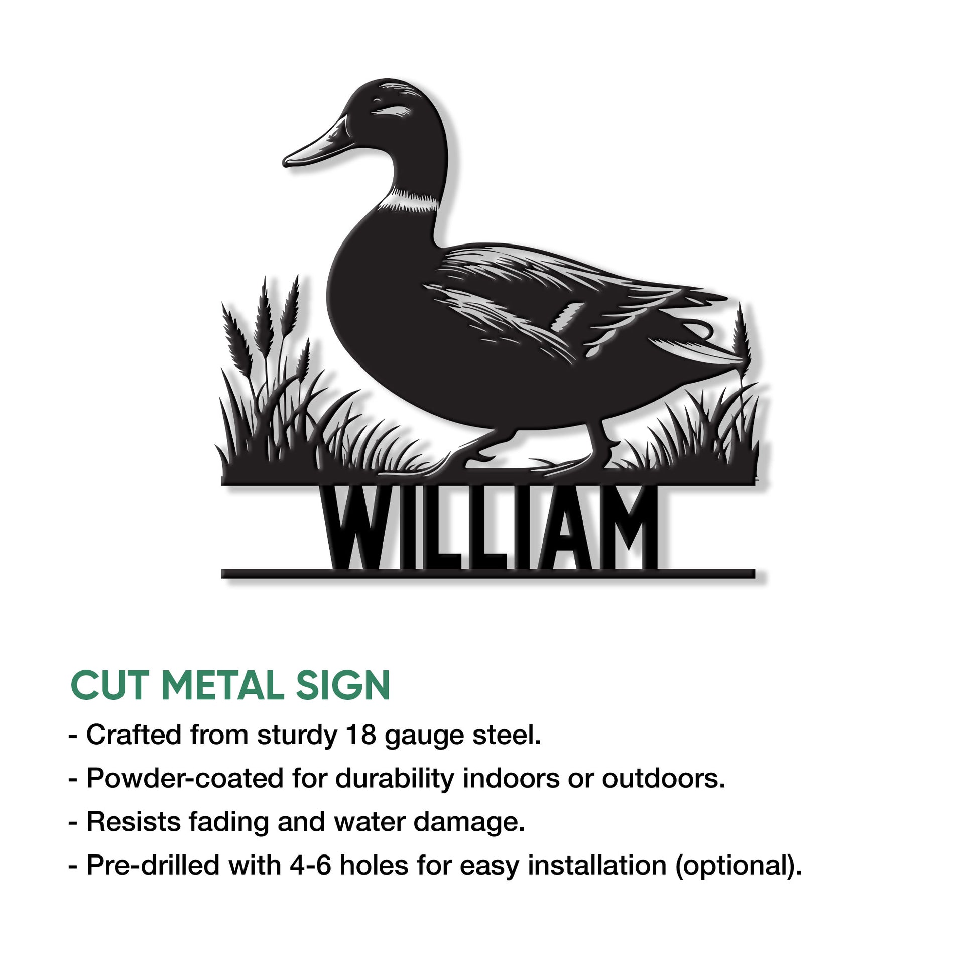 Mallard duck cut metal sign shown with an infographic highlighting the duck hunting design
