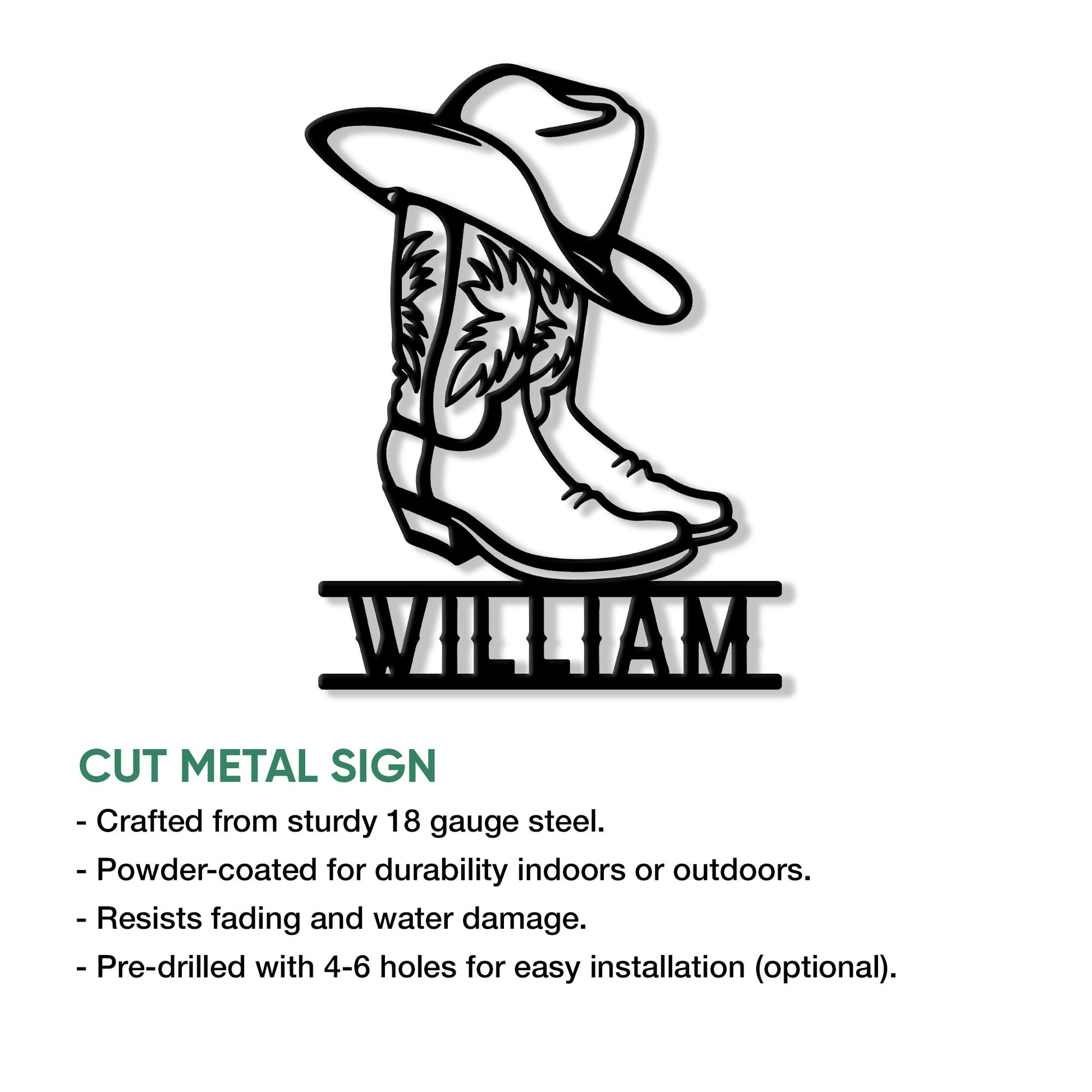 Western cowboy boot metal sign shown as a cut metal design with bold silhouette details