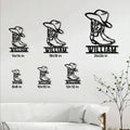 Cowboy boot metal sign size guide showing available square dimensions from 8x8 to 24x24 inches