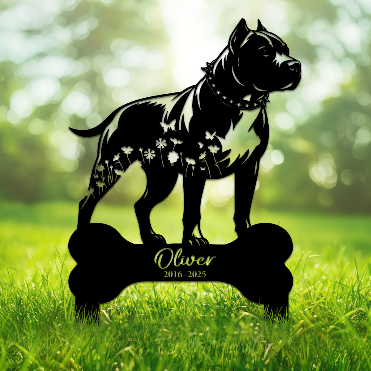 Custom Pitbull memorial metal sign featuring a bold black dog silhouette with floral details and a bone-shaped base