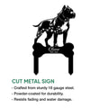 Pitbull cut metal sign shown as a freestanding memorial design with a strong dog silhouette and bone-shaped accent