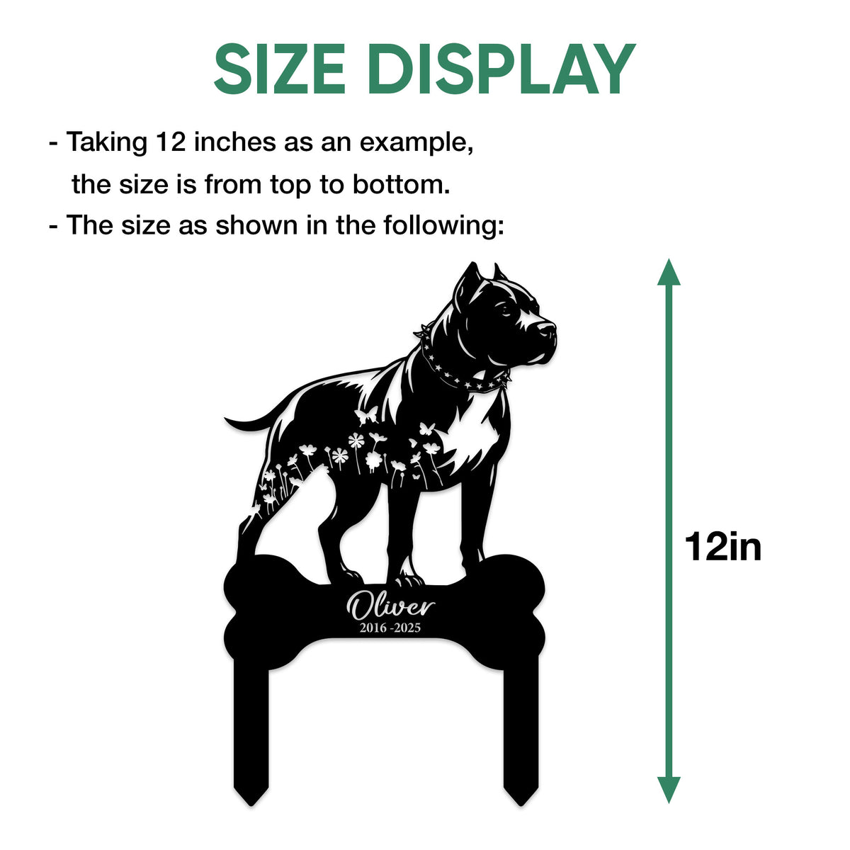 Pitbull metal sign size guide showing the full dog silhouette, bone-shaped base, and vertical height measurement