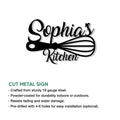 Kitchen scissors metal sign design shown with a cut-metal product feature guide and installation details