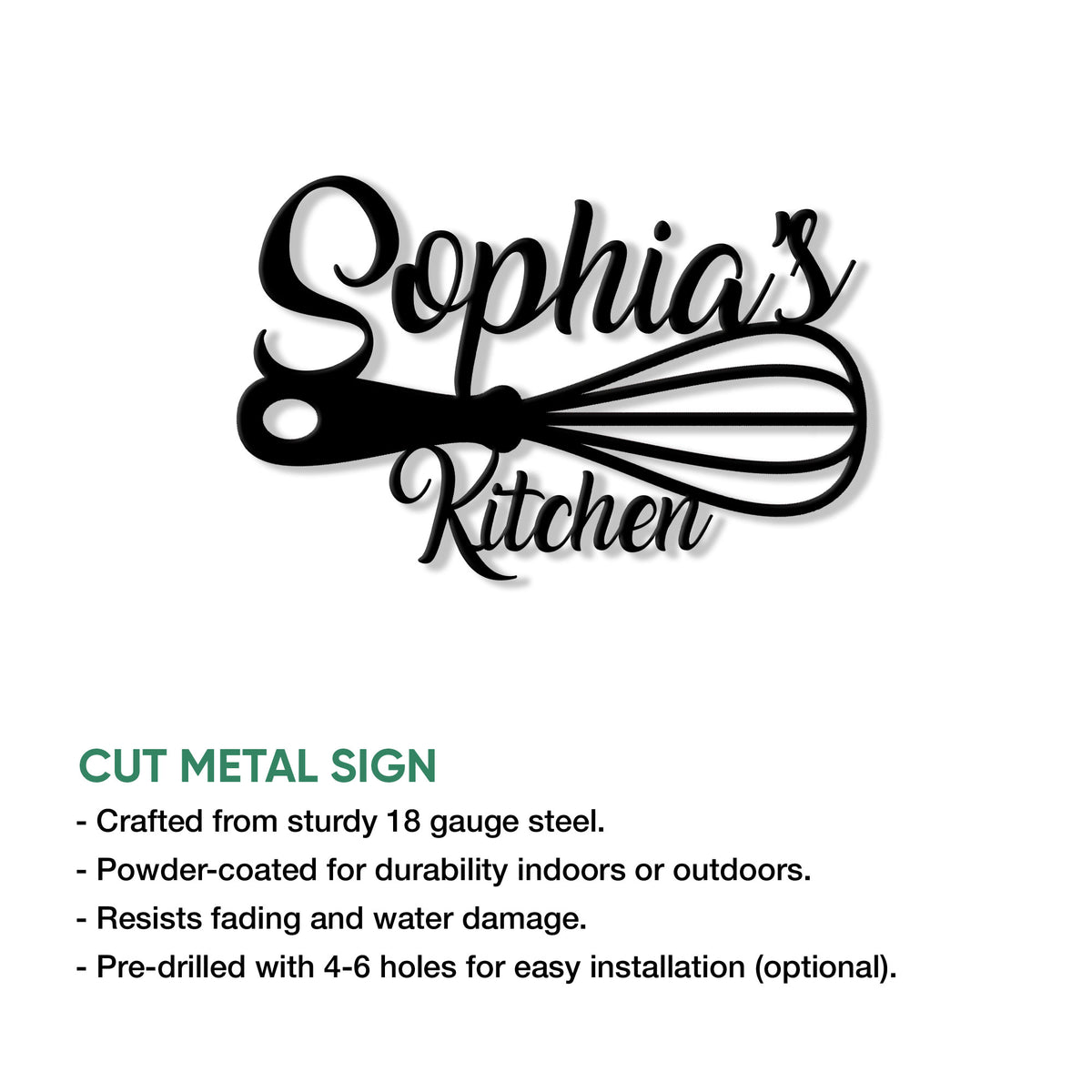 Kitchen scissors metal sign design shown with a cut-metal product feature guide and installation details