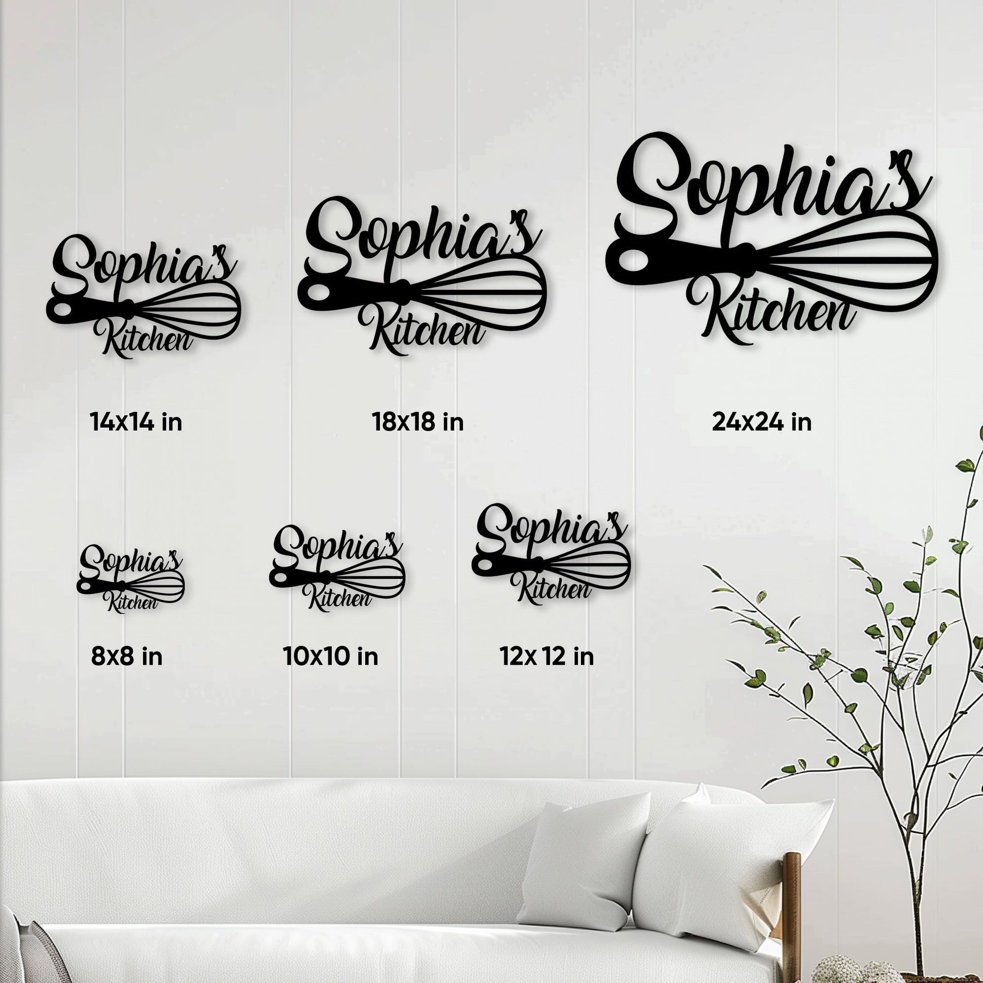 Kitchen scissors metal sign shown in multiple size options as a wall decor sizing guide