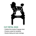 Cut metal poodle memorial sign featuring a floral silhouette, bone-shaped frame, and garden stakes