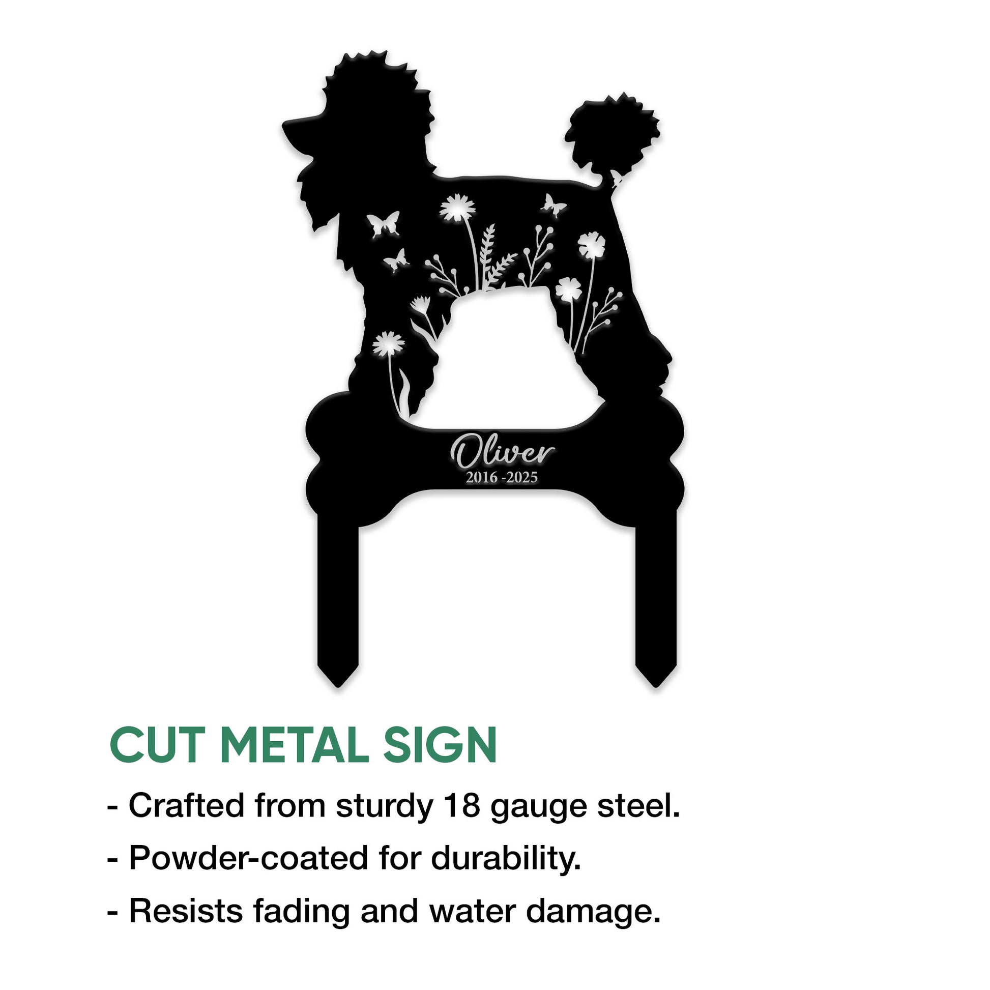 Cut metal poodle memorial sign featuring a floral silhouette, bone-shaped frame, and garden stakes